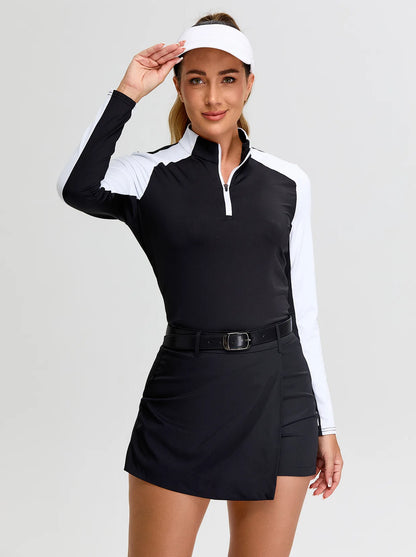 Black Quarter-zip Long-sleeve Polo Shirt for Women