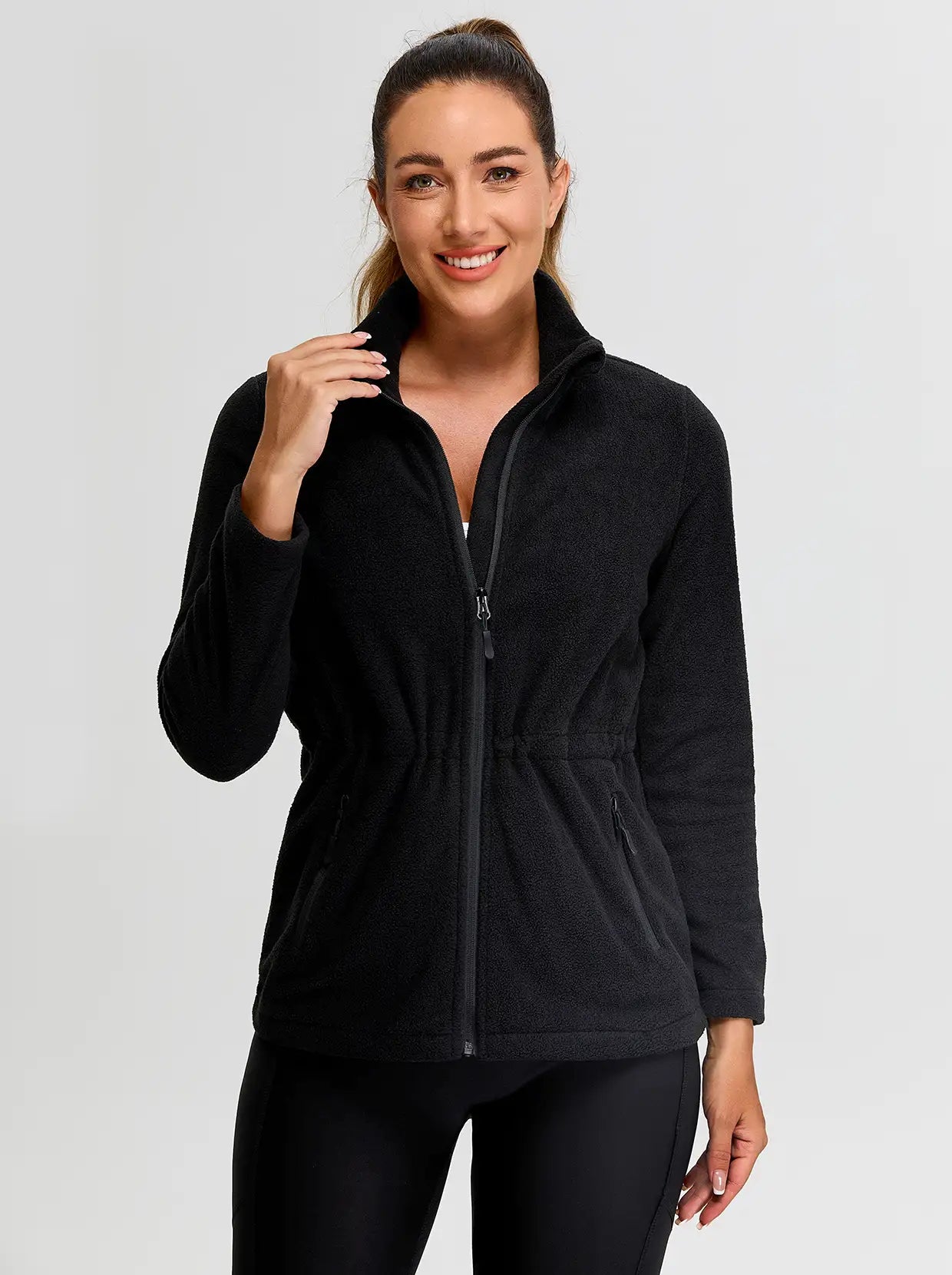 Ladies Black Stand-collar Fleece Jackets with Cinched Waist