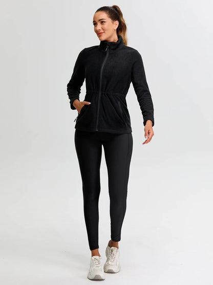 Ladies Black Stand-collar Fleece Jackets with Cinched Waist