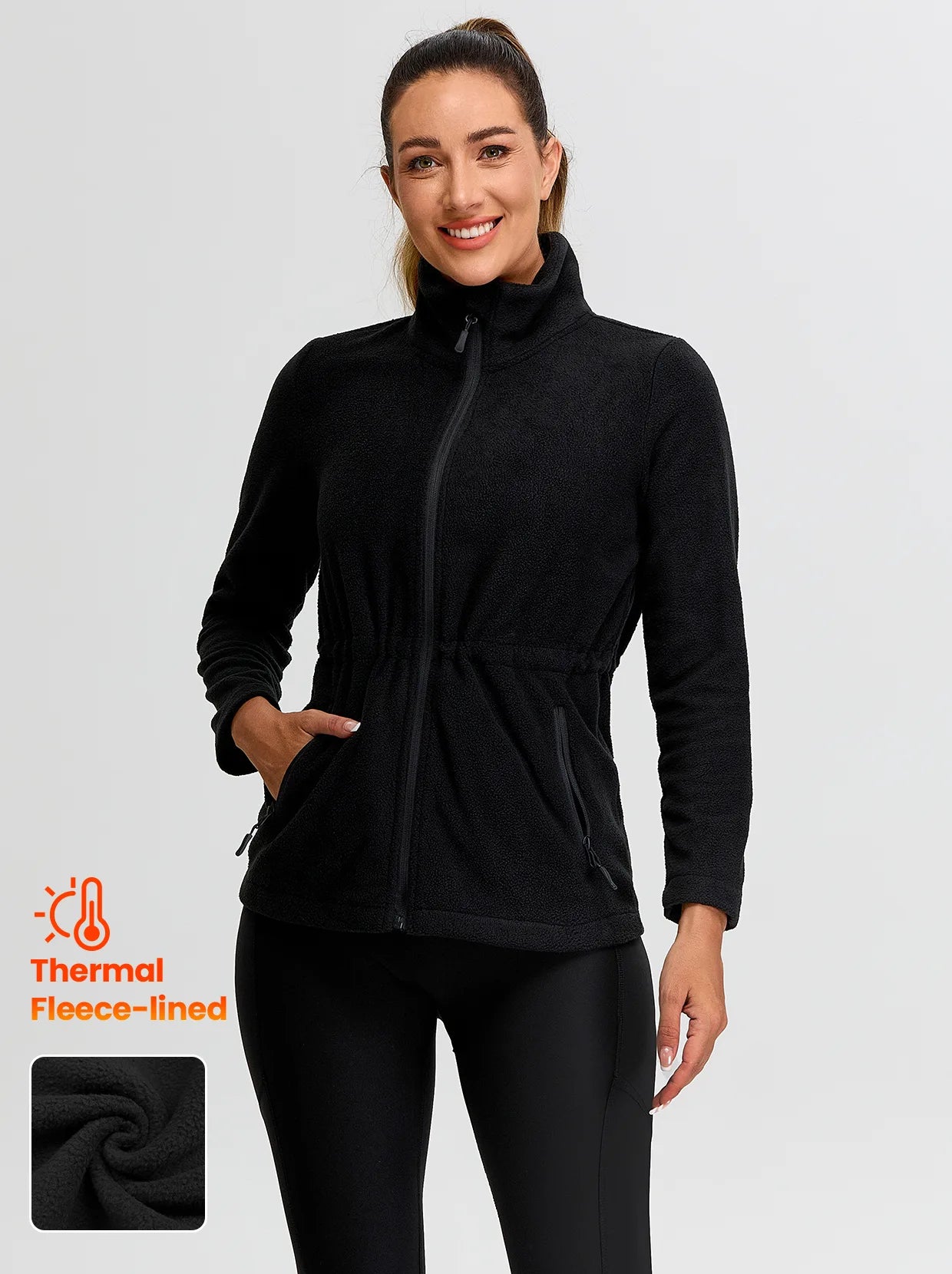 Ladies Black Stand-collar Fleece Jackets with Cinched Waist