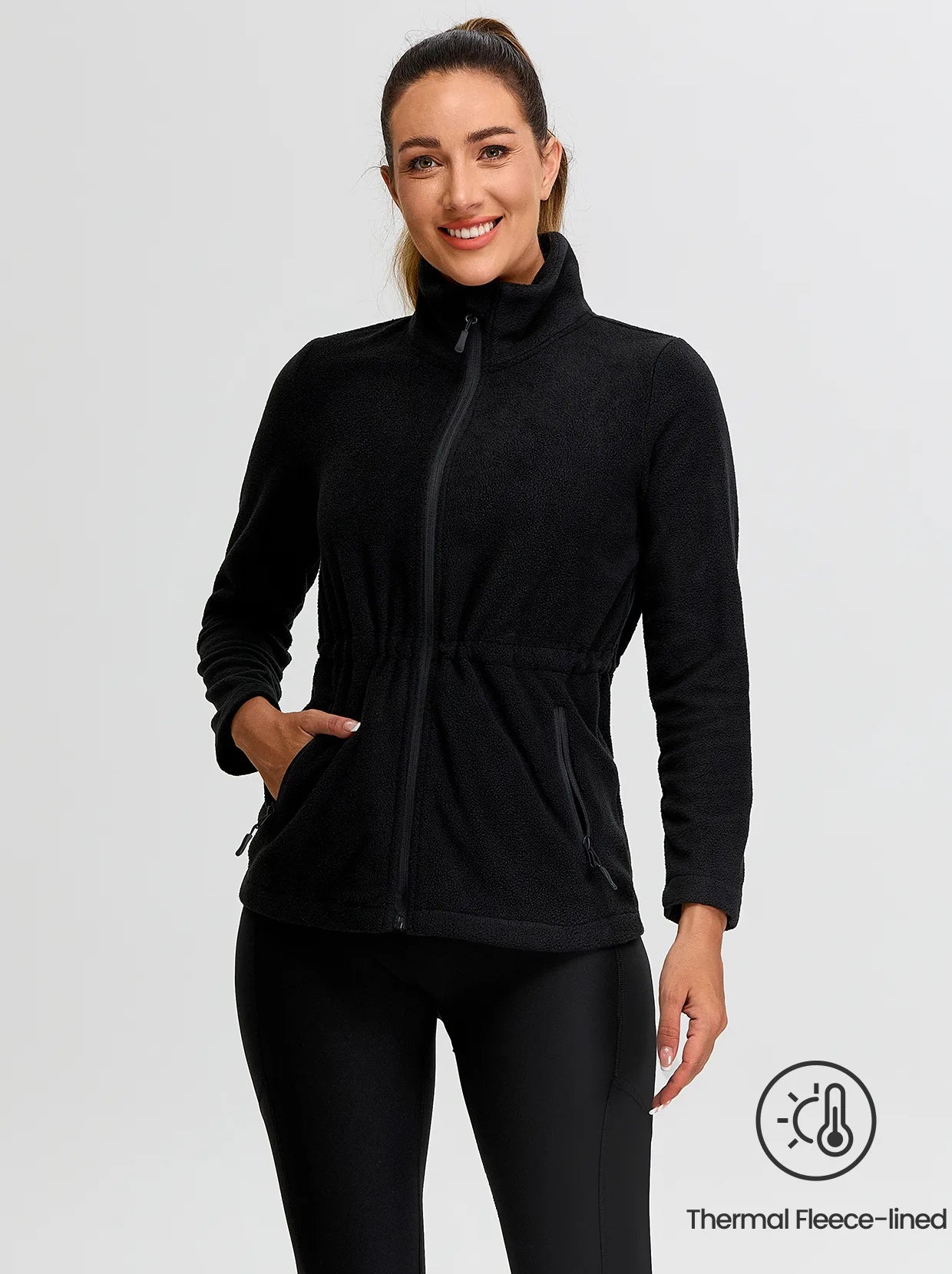 Ladies Black Stand-collar Fleece Jackets with Cinched Waist