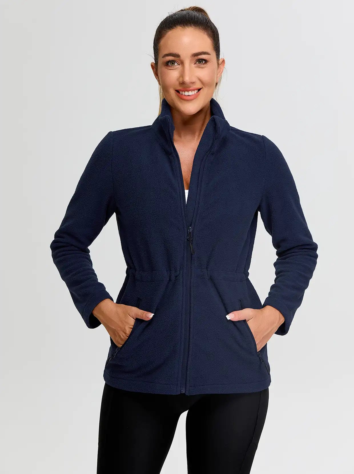 Ladies Blue Stand-collar Fleece Jackets with Cinched Waist