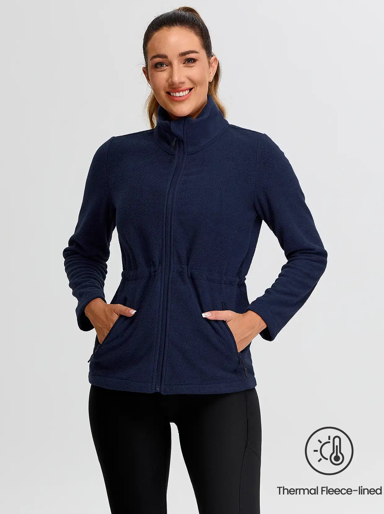 Ladies Blue Stand-collar Fleece Jackets with Cinched Waist