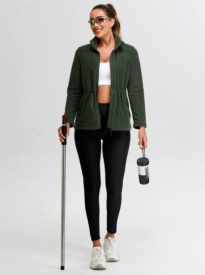 Ladies Green Stand-collar Fleece Jackets with Cinched Waist