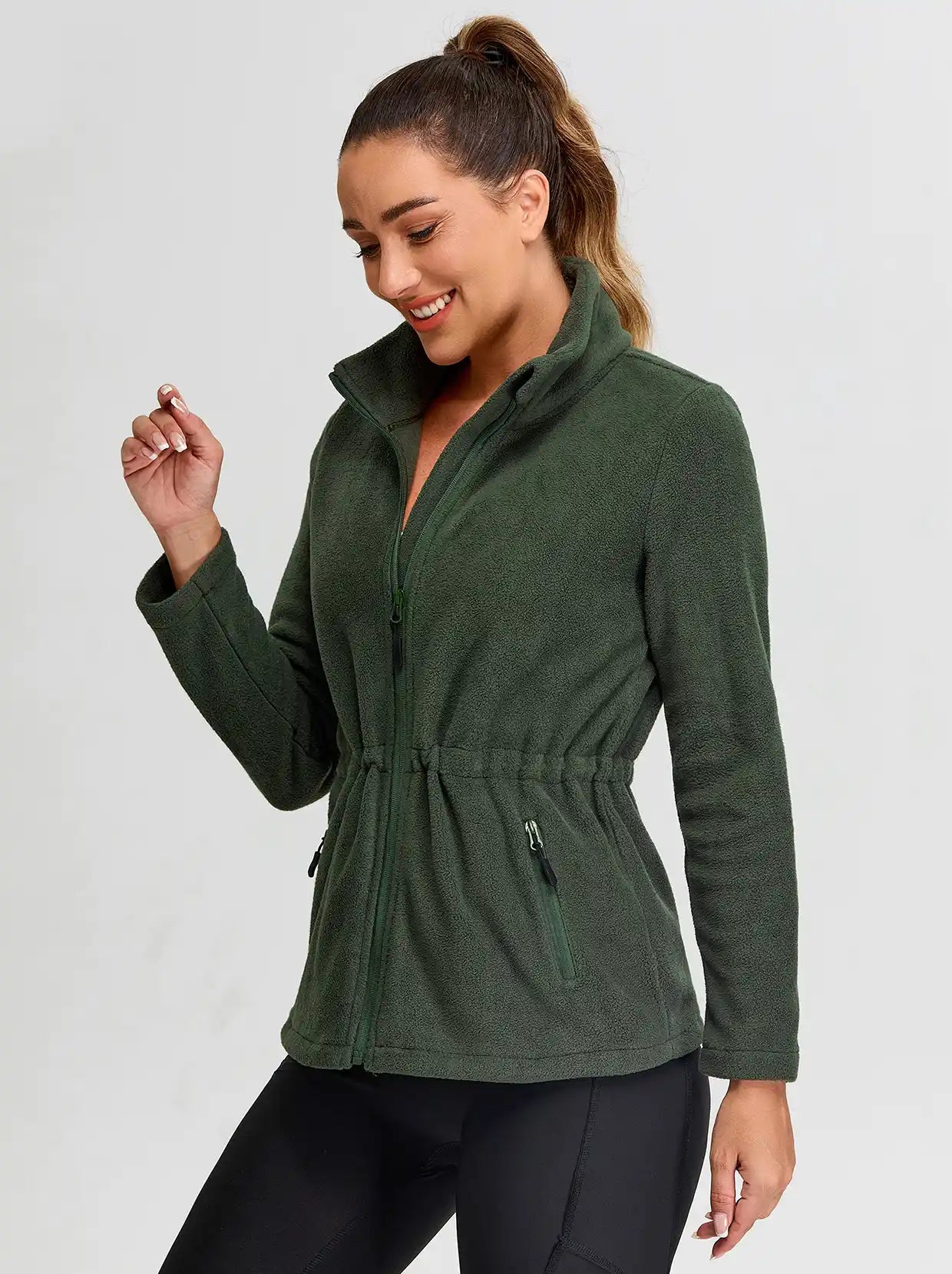 Ladies Green Stand-collar Fleece Jackets with Cinched Waist