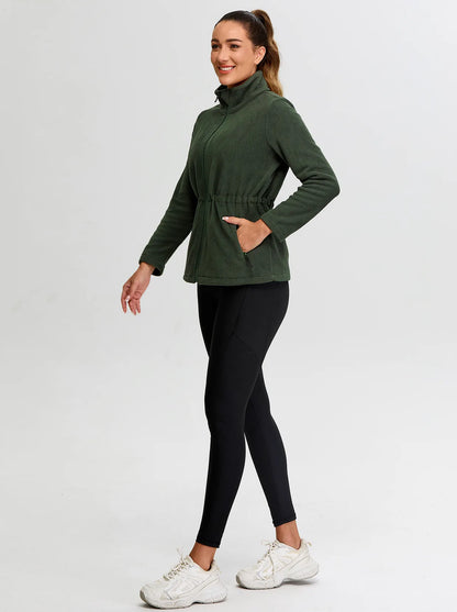 Ladies Green Stand-collar Fleece Jackets with Cinched Waist