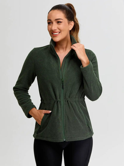 Ladies Green Stand-collar Fleece Jackets with Cinched Waist