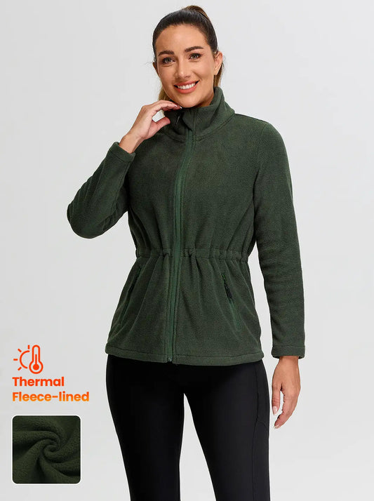 Ladies Green Stand-collar Fleece Jackets with Cinched Waist