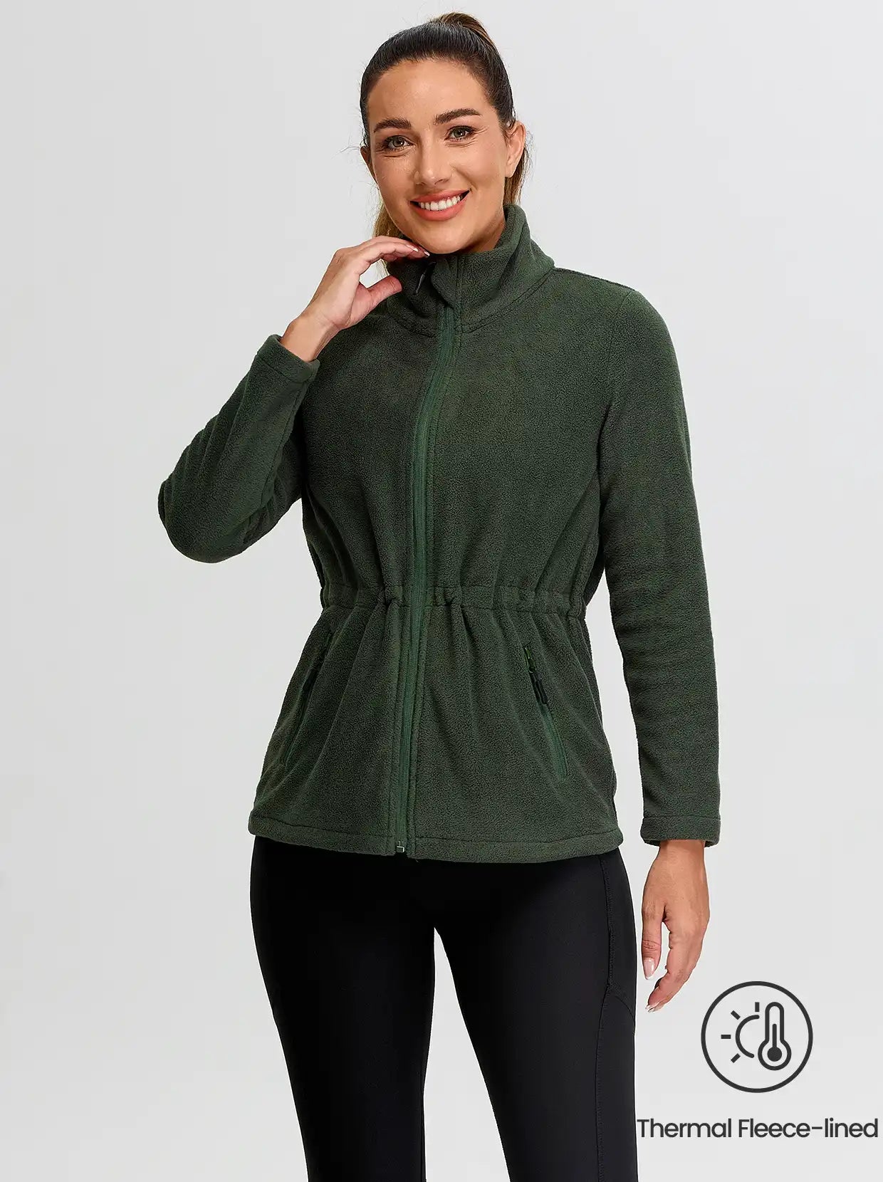 Ladies Green Stand-collar Fleece Jackets with Cinched Waist 