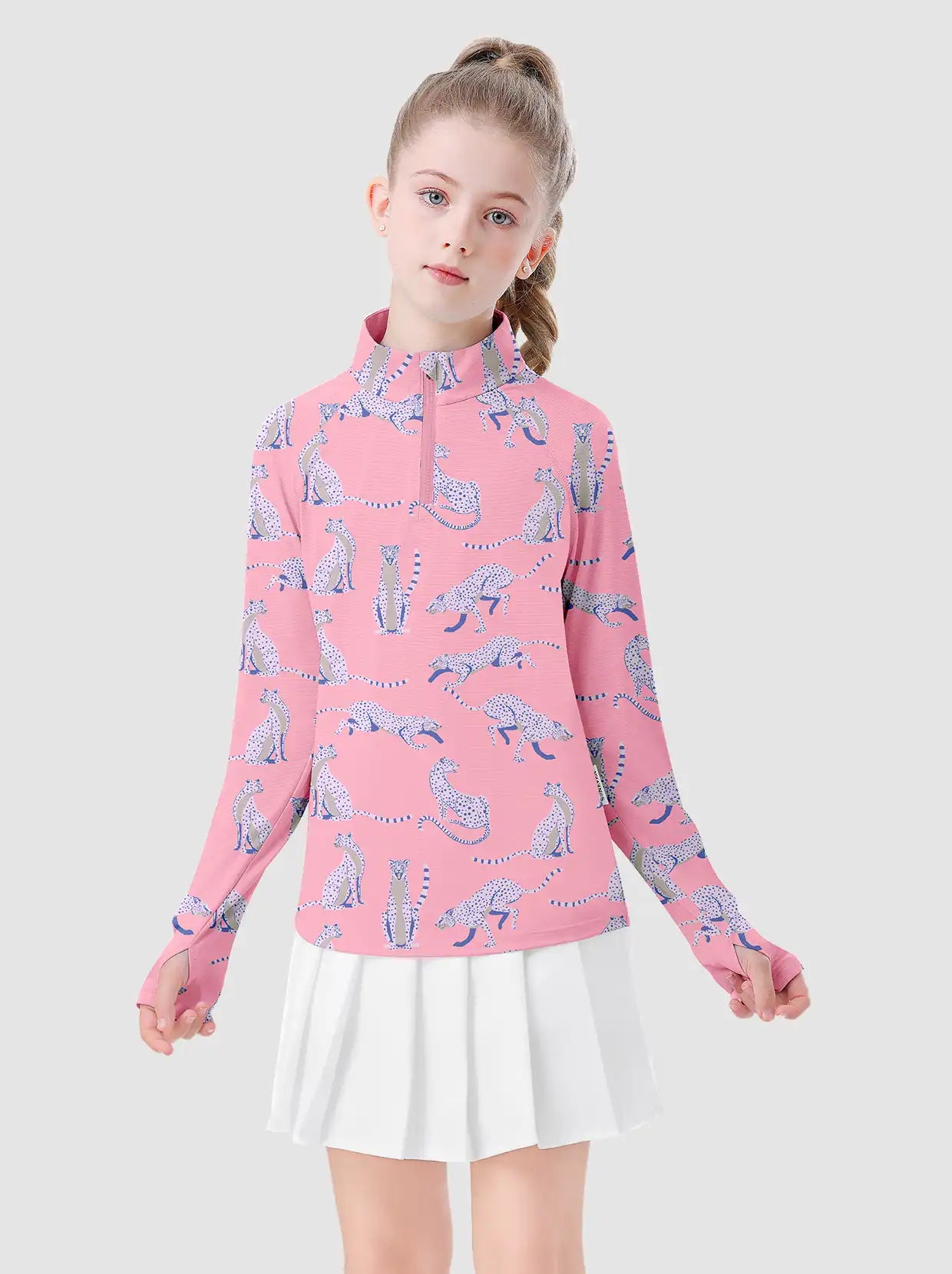 Girls Leopard Pattern Quarter-zip Long-sleeve Shirt with Thumbhole 