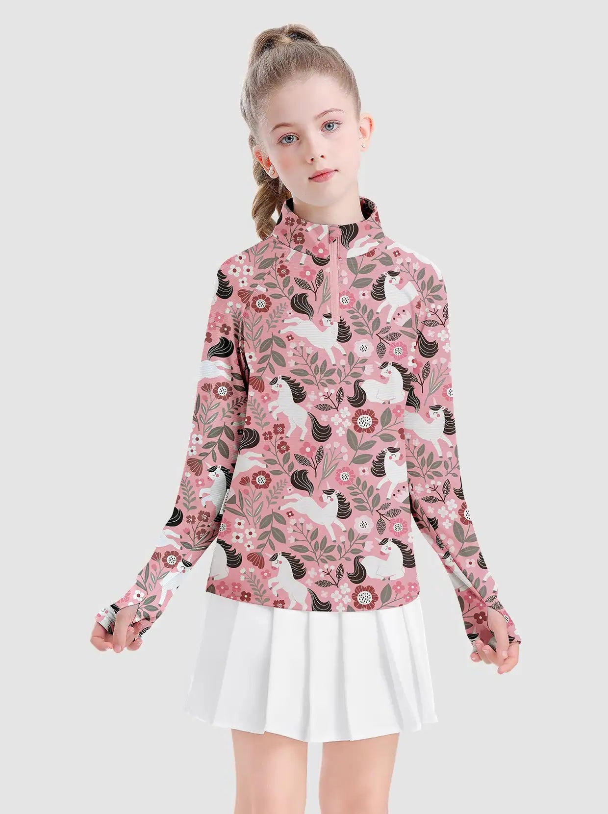 Girls Unicorn Pattern Quarter-zip Long-sleeve Shirt with thumbhole 