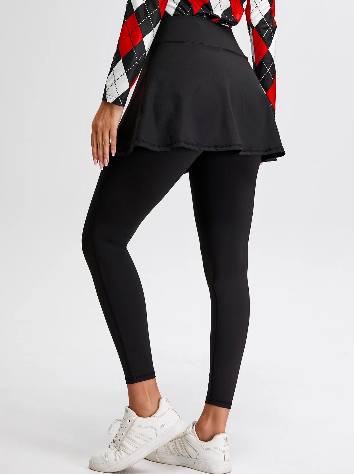 Solid Black Cropped Skirted Leggings with Crossover Waistband