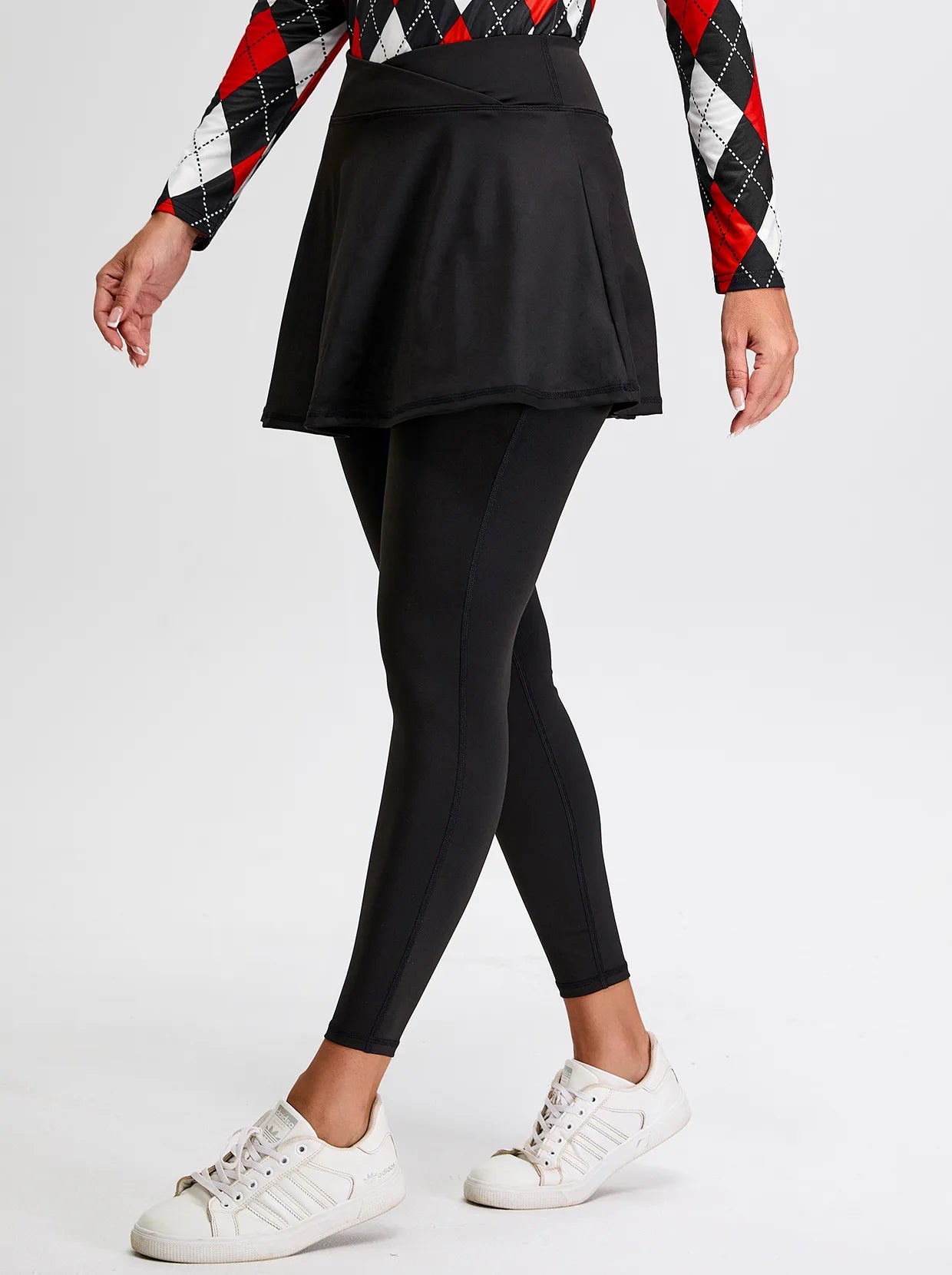 Solid Black Cropped Skirted Leggings with Crossover Waistband