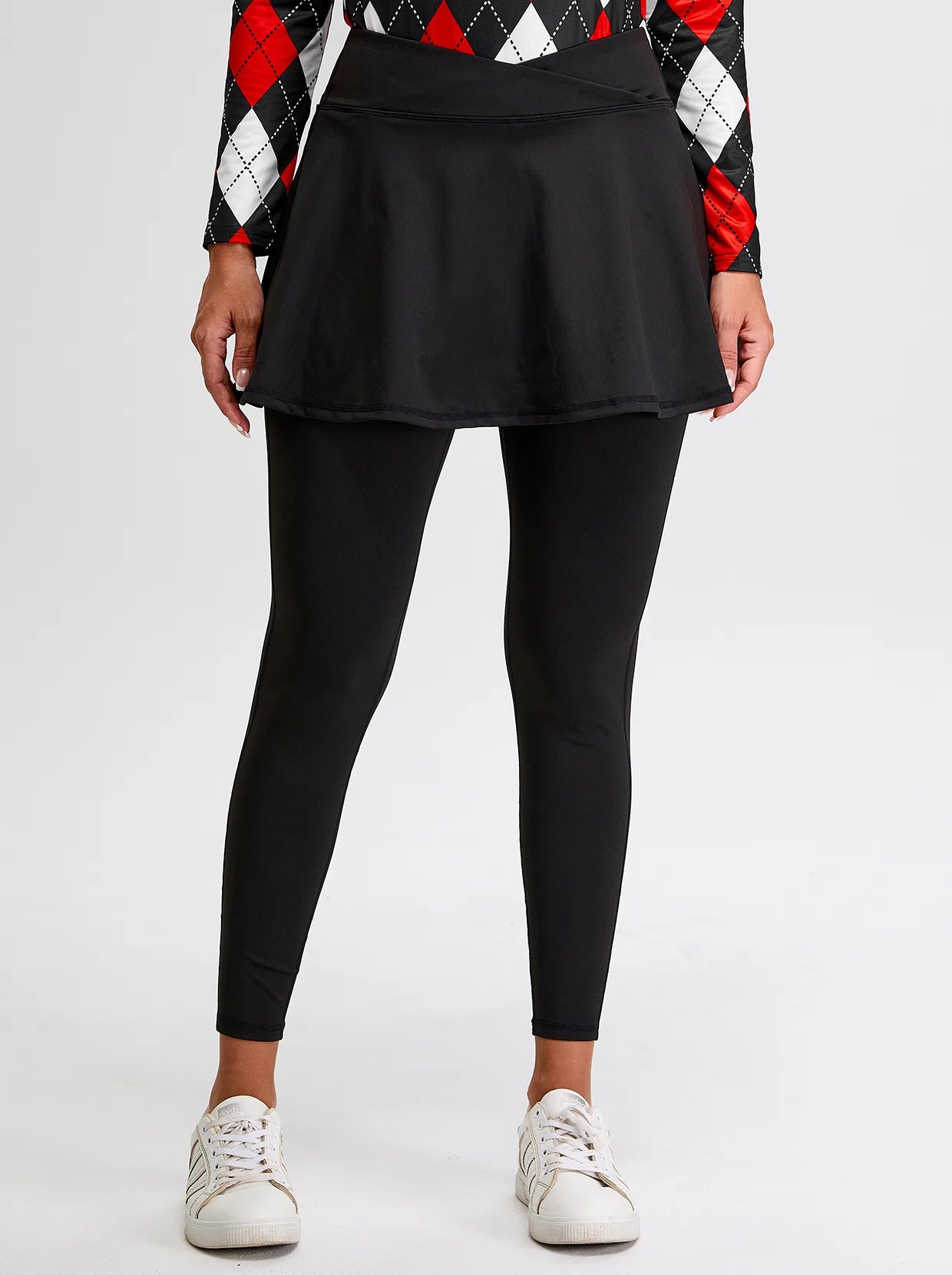 Solid Black Cropped Skirted Leggings with Crossover Waistband