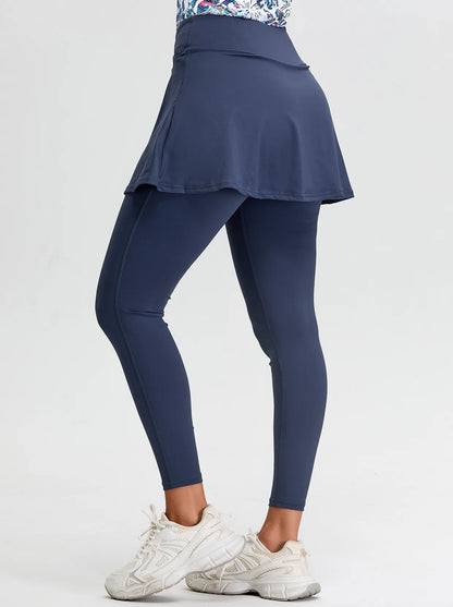 Solid Blue Cropped Skirted Leggings with Crossover Waistband