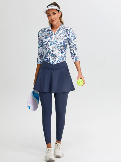 Solid Blue Cropped Skirted Leggings with Crossover Waistband