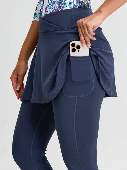 Solid Blue Cropped Skirted Leggings with Crossover Waistband