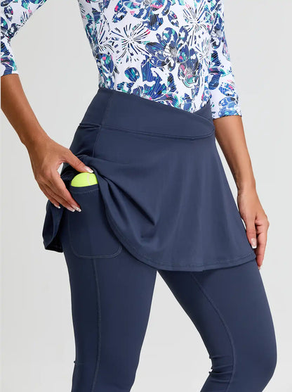 Solid Blue Cropped Skirted Leggings with Crossover Waistband