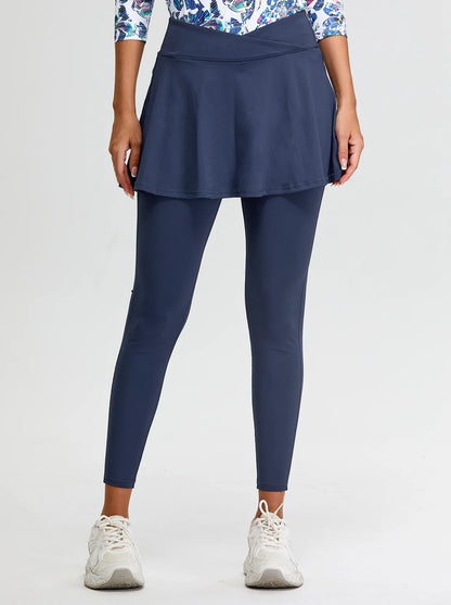 Solid Blue Cropped Skirted Leggings with Crossover Waistband 