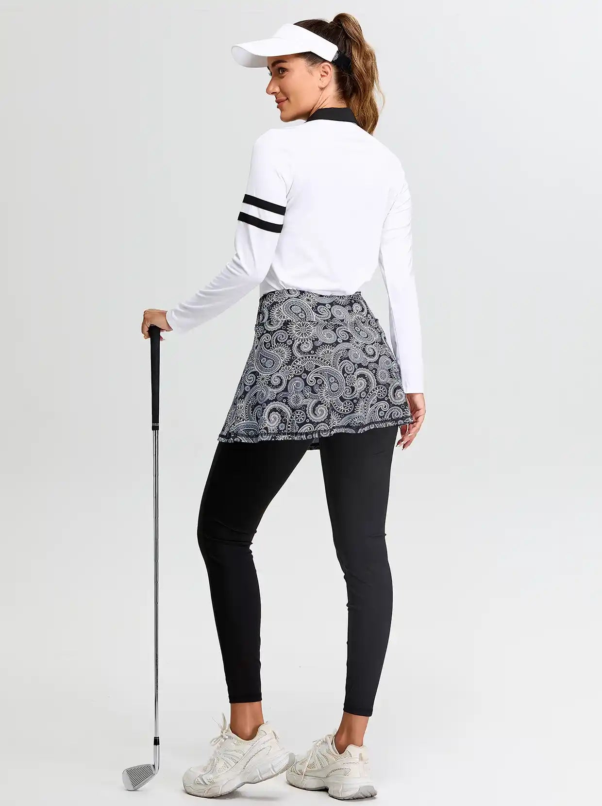 Black Paisley Cropped Skirted Leggings with Crossover Waistband