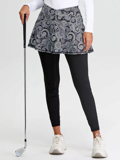 Black Paisley Cropped Skirted Leggings with Crossover Waistband