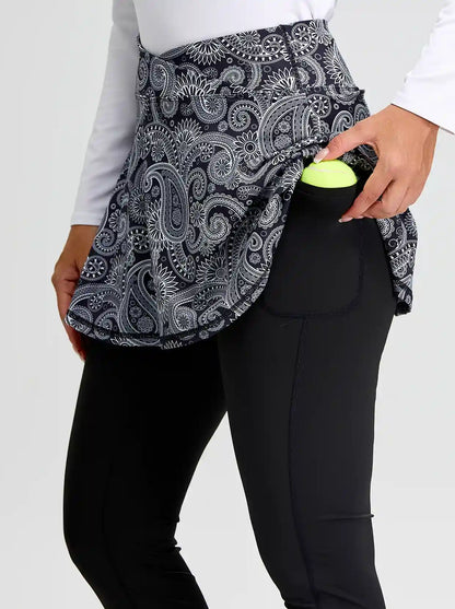 Black Paisley Cropped Skirted Leggings with Crossover Waistband