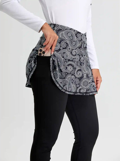 Black Paisley Cropped Skirted Leggings with Crossover Waistband