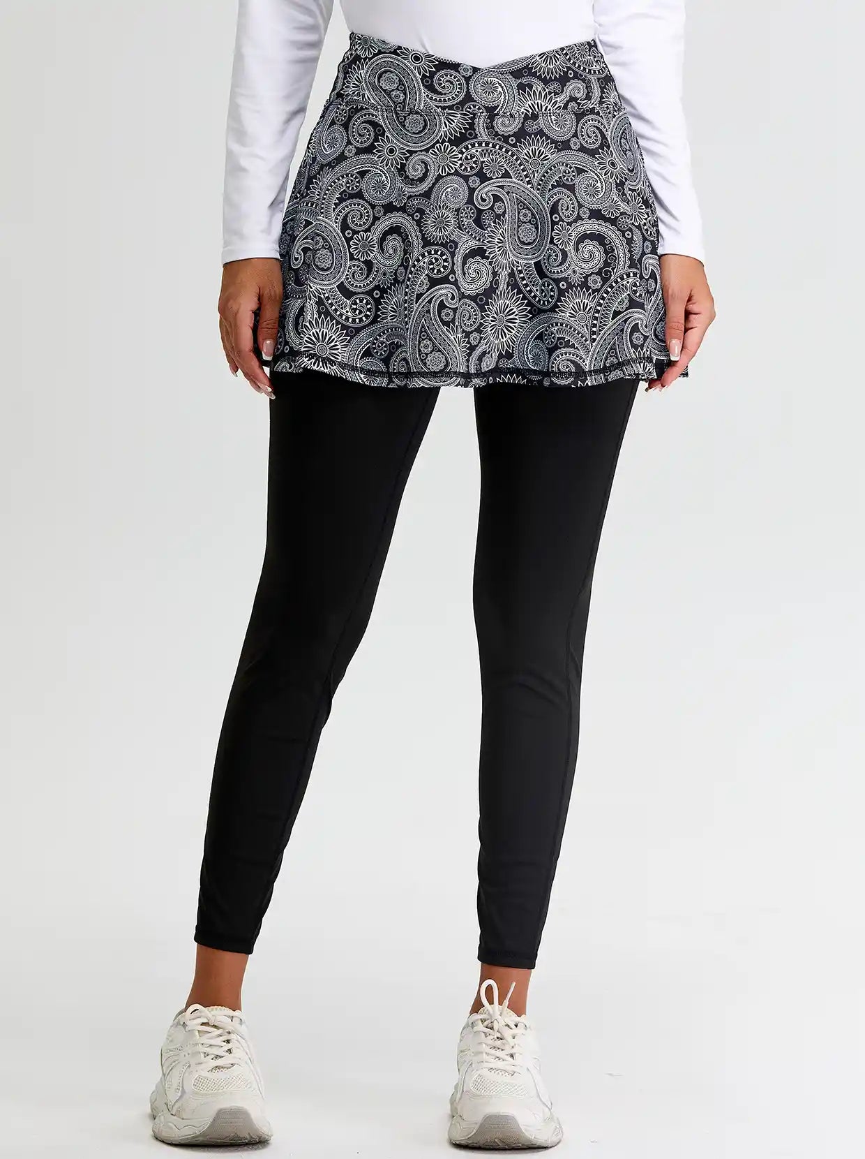 Wpmrn's Black Paisley Cropped Skirted Leggings with Crossover Waistband 