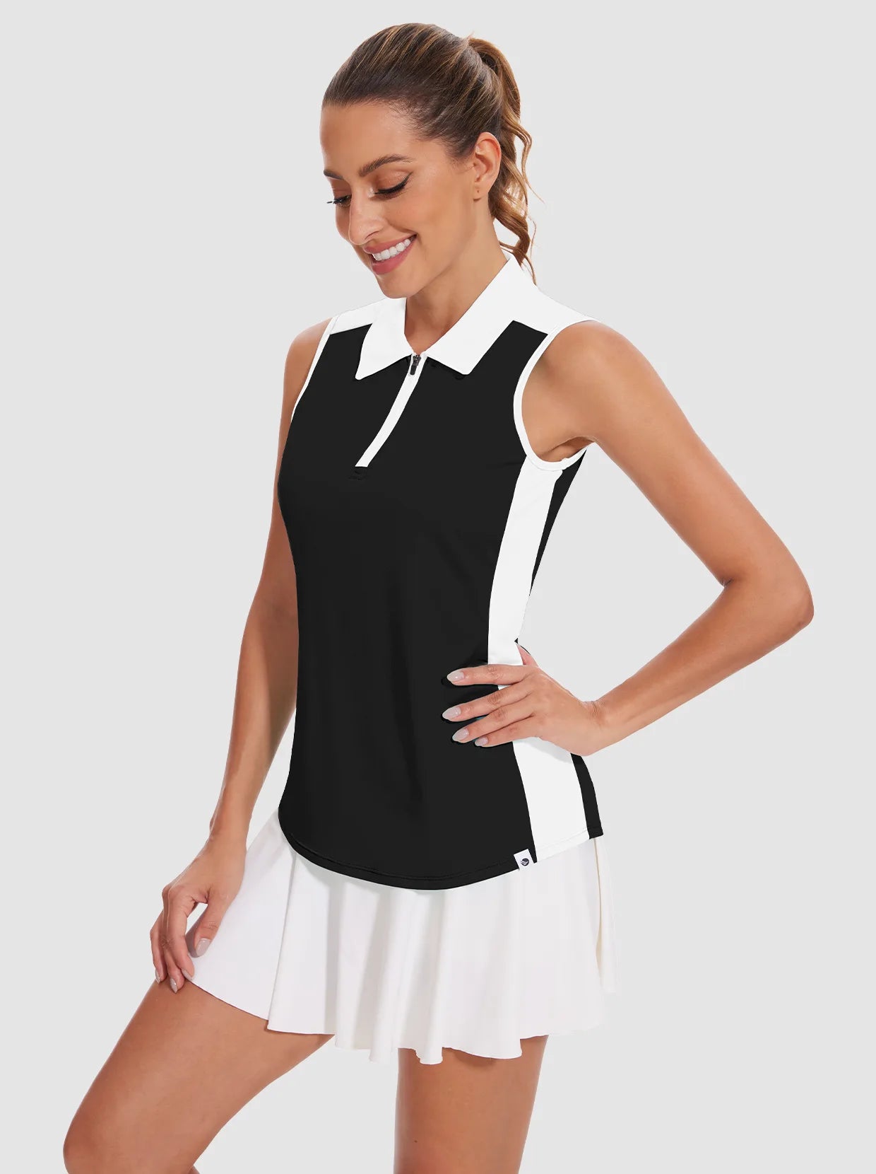 Solid Color Quarter-zip Sleeveless Polo Shirt For Women