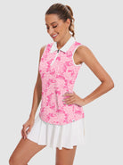 Pink Paisley Quarter-zip Sleeveless Polo Shirt For Women