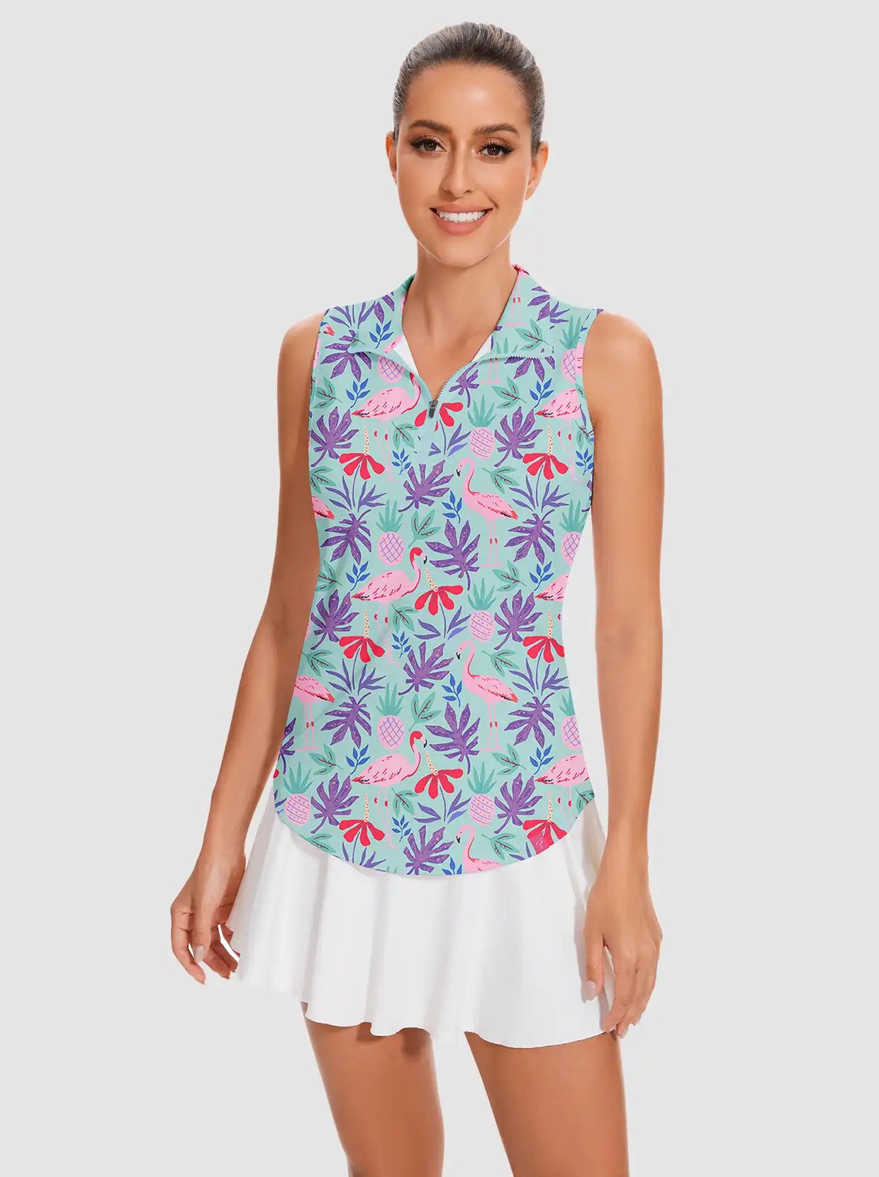 Flamingo and Leaf Print Quarter-zip Sleeveless Polo Shirt For Women