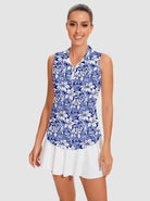 White Floral Quarter-zip Sleeveless Polo Shirt For Women 