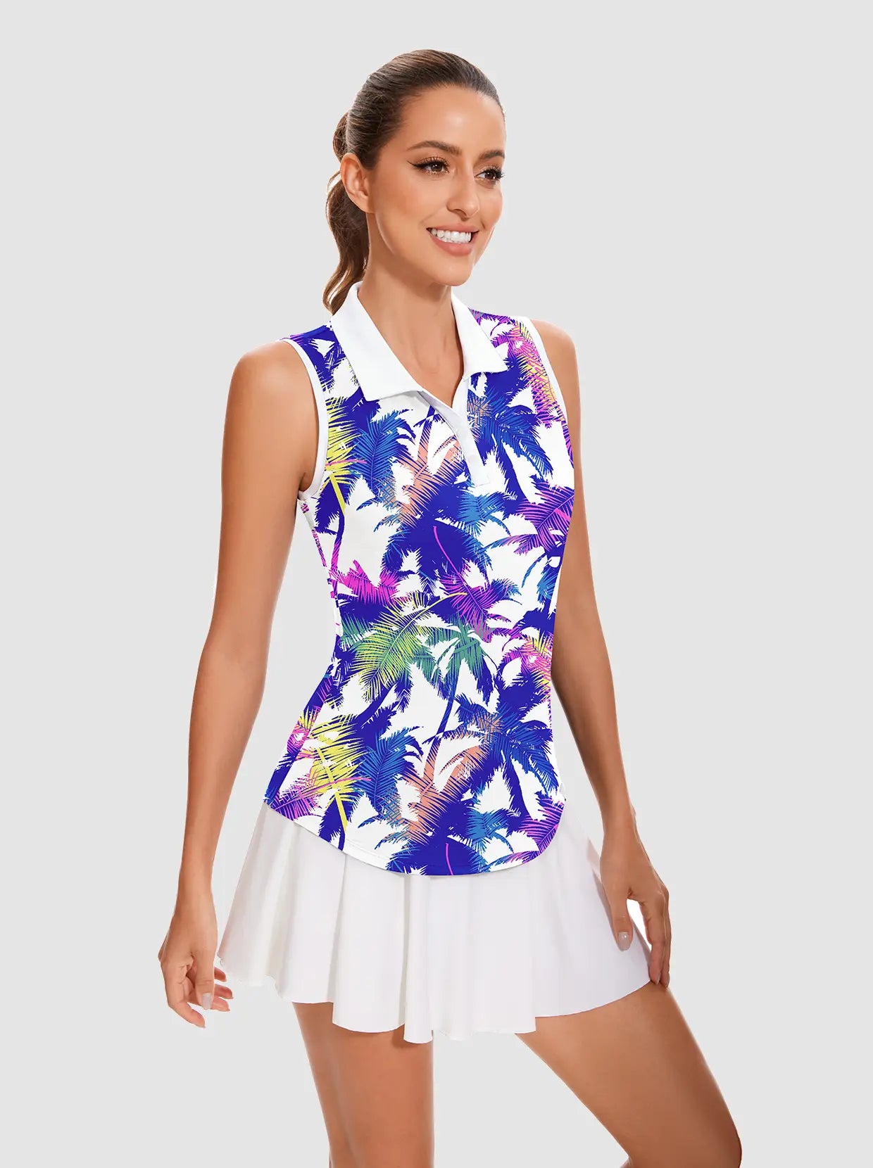 Colorful Leaves V-neck Sleeveless Polo Shirt For Ladies