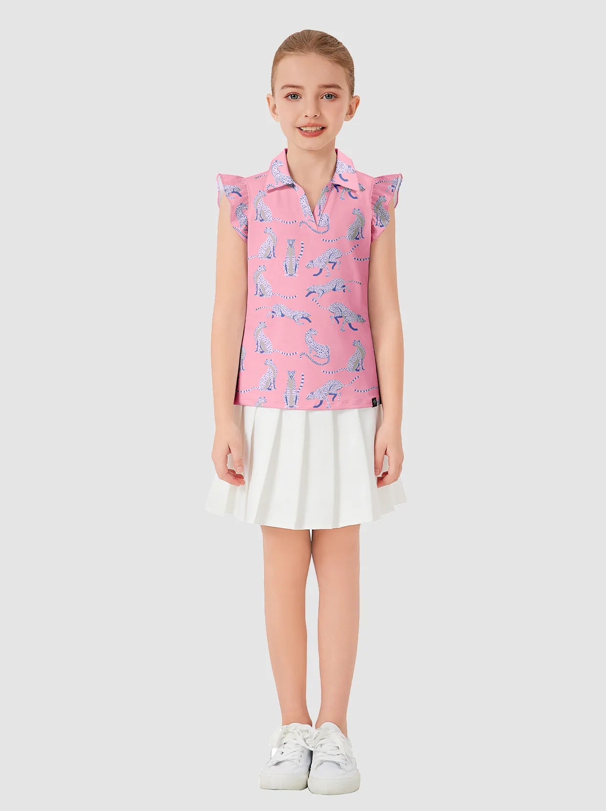 Pink Leopard V-neck Ruffled Sleeveless Polo Shirt for Girls