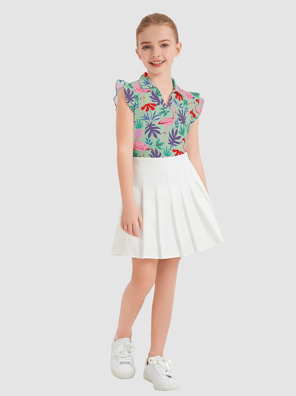 Flamingo and Leaf Print V-neck Ruffled Sleeveless Polo Shirt for Girls