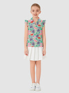 Flamingo and Leaf Print V-neck Ruffled Sleeveless Polo Shirt for Girls