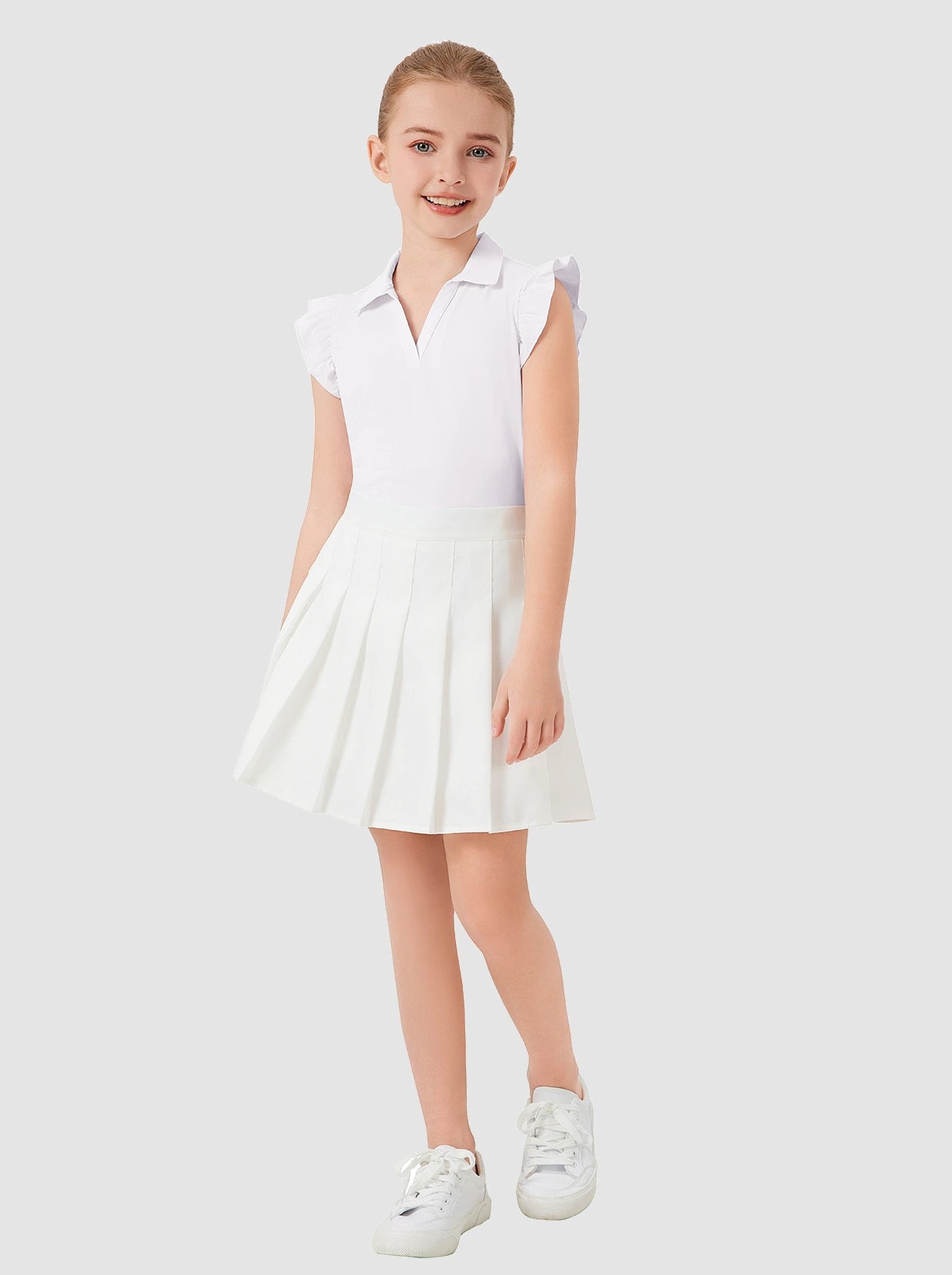 Solid Color V-neck Ruffled Sleeveless Polo Shirt for Girls