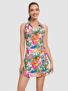Leaves Print Star 34" Quarter-zip Racerback Sleeveless Dress For Women 