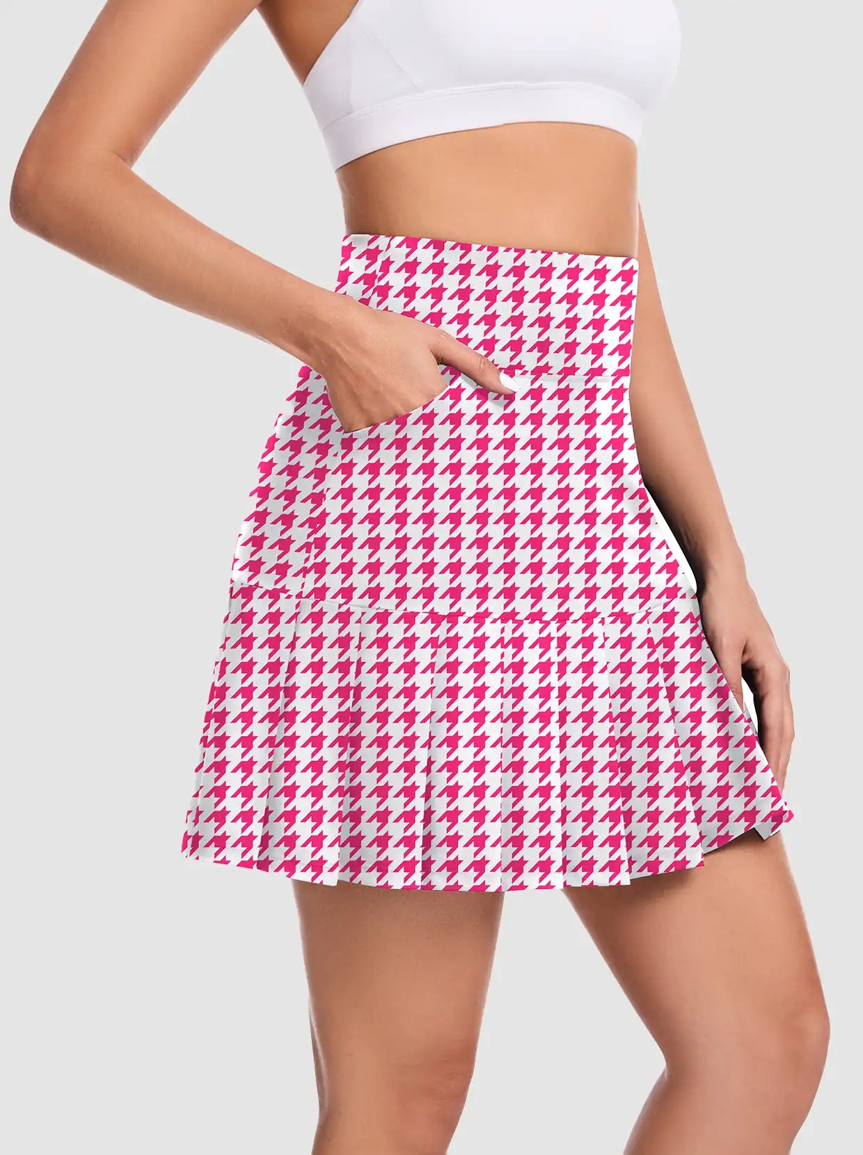 Pink Houndstooth 18" Pleated Active Skort with Pockets 