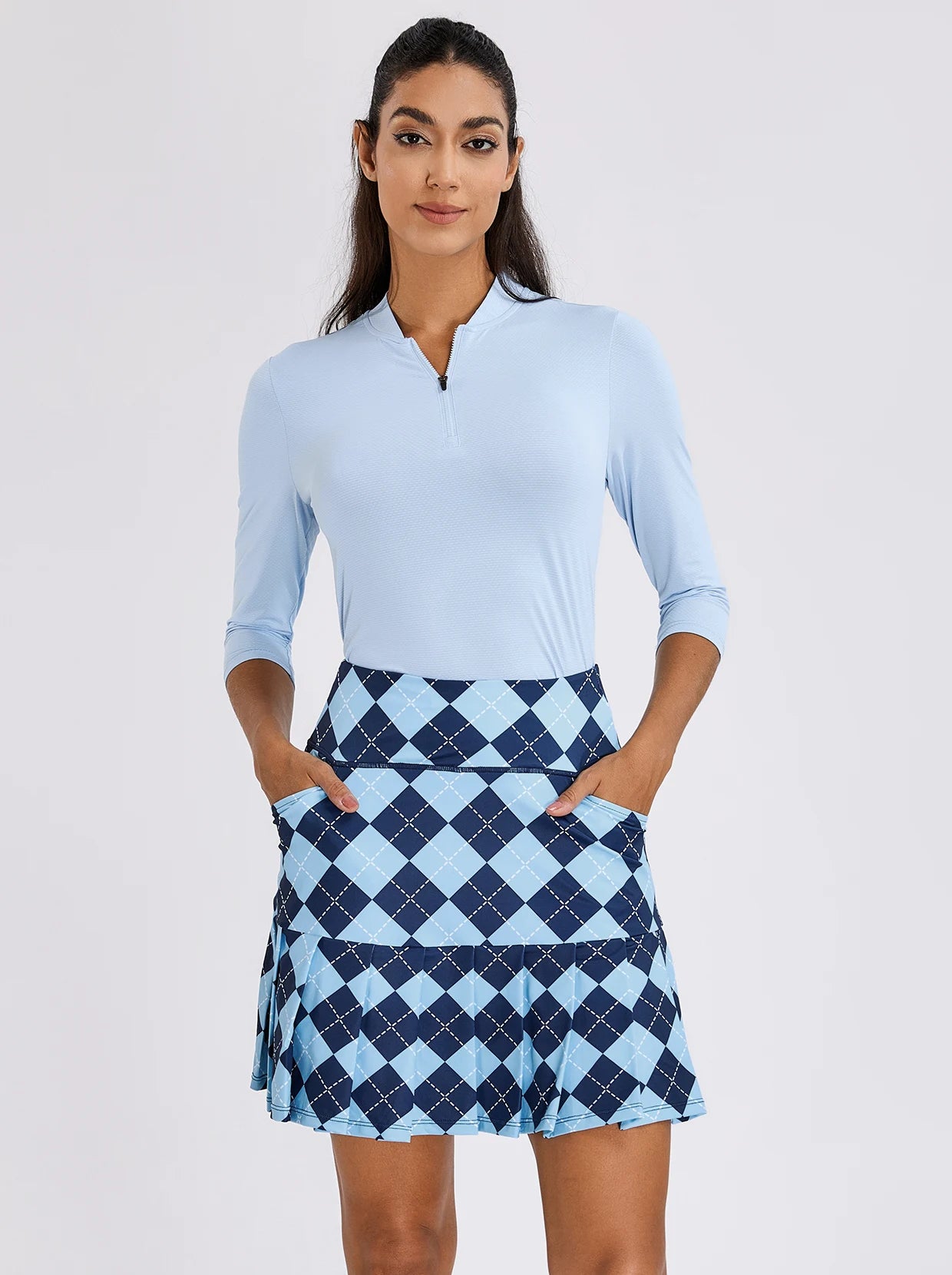 Blue Checkerboard 18" Pleated Active Skort with Shorts and Pockets