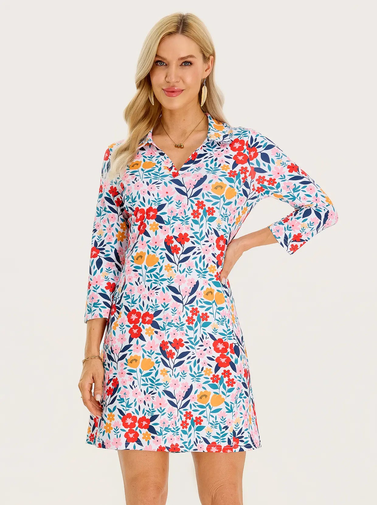 35" V-neck 3/4 Sleeve Polo Dresses with Pockets
