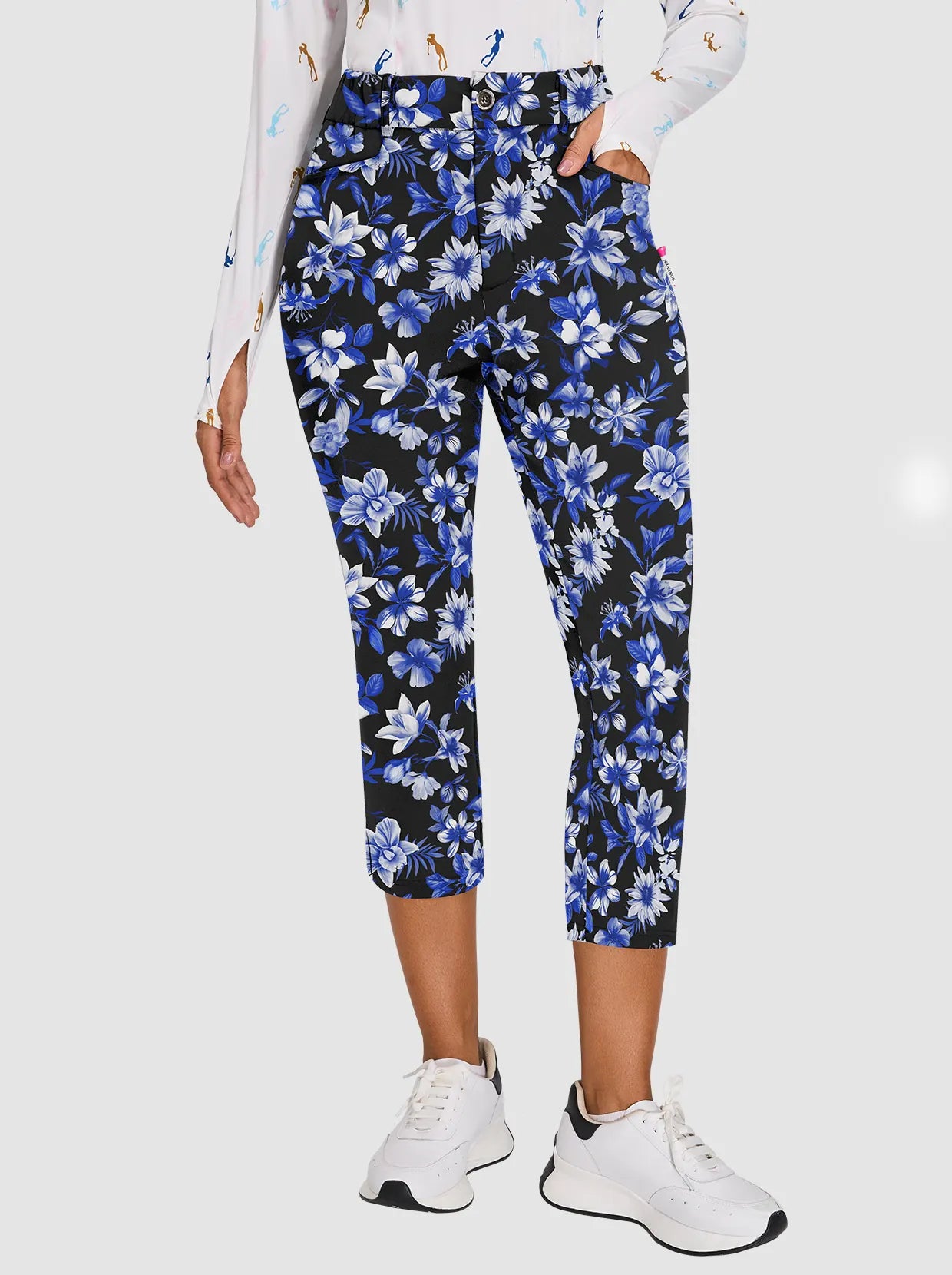 High-Stretch Black Houndstooth Pattern 7/8 Pants with Pockets