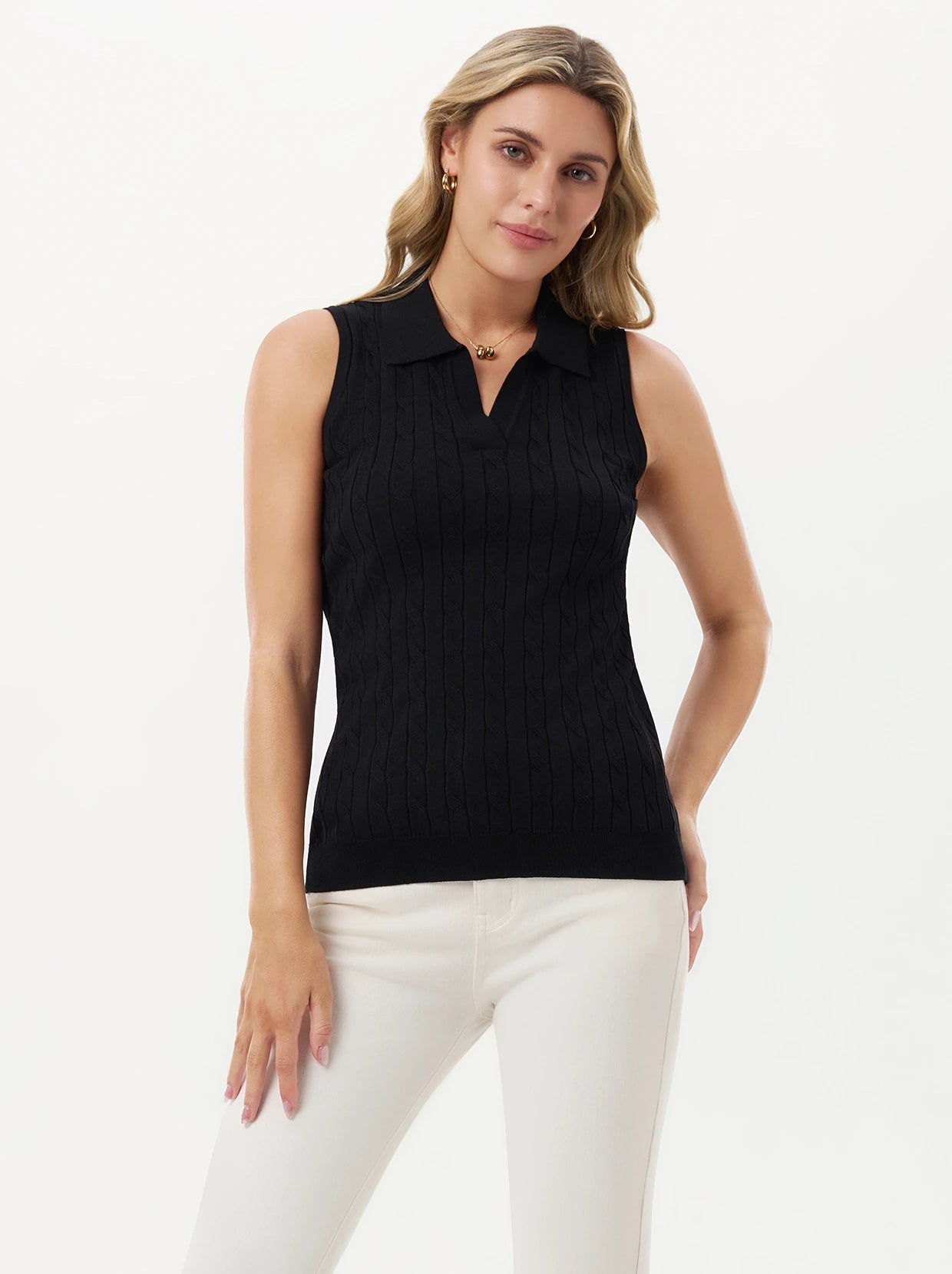 Basic V-neck Sleeveless Cable-Knit Vest for Women