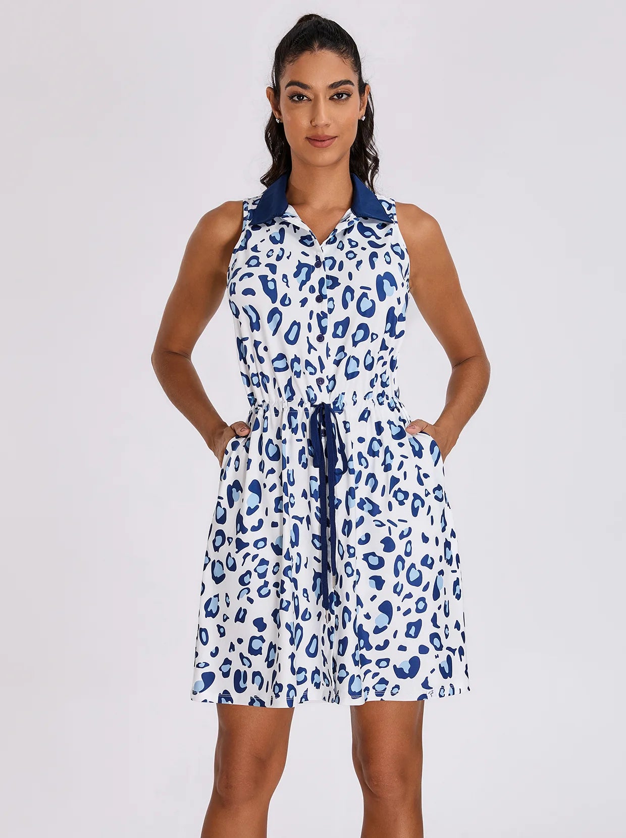 Blue Leopard Half-Button Placket Sleeveless Dress For Women 