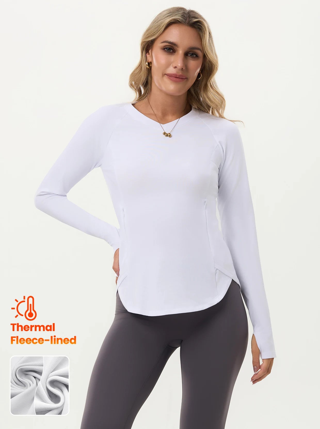 Basic V-neck Long-sleeve Tunic Tops with Zipper Pockets
