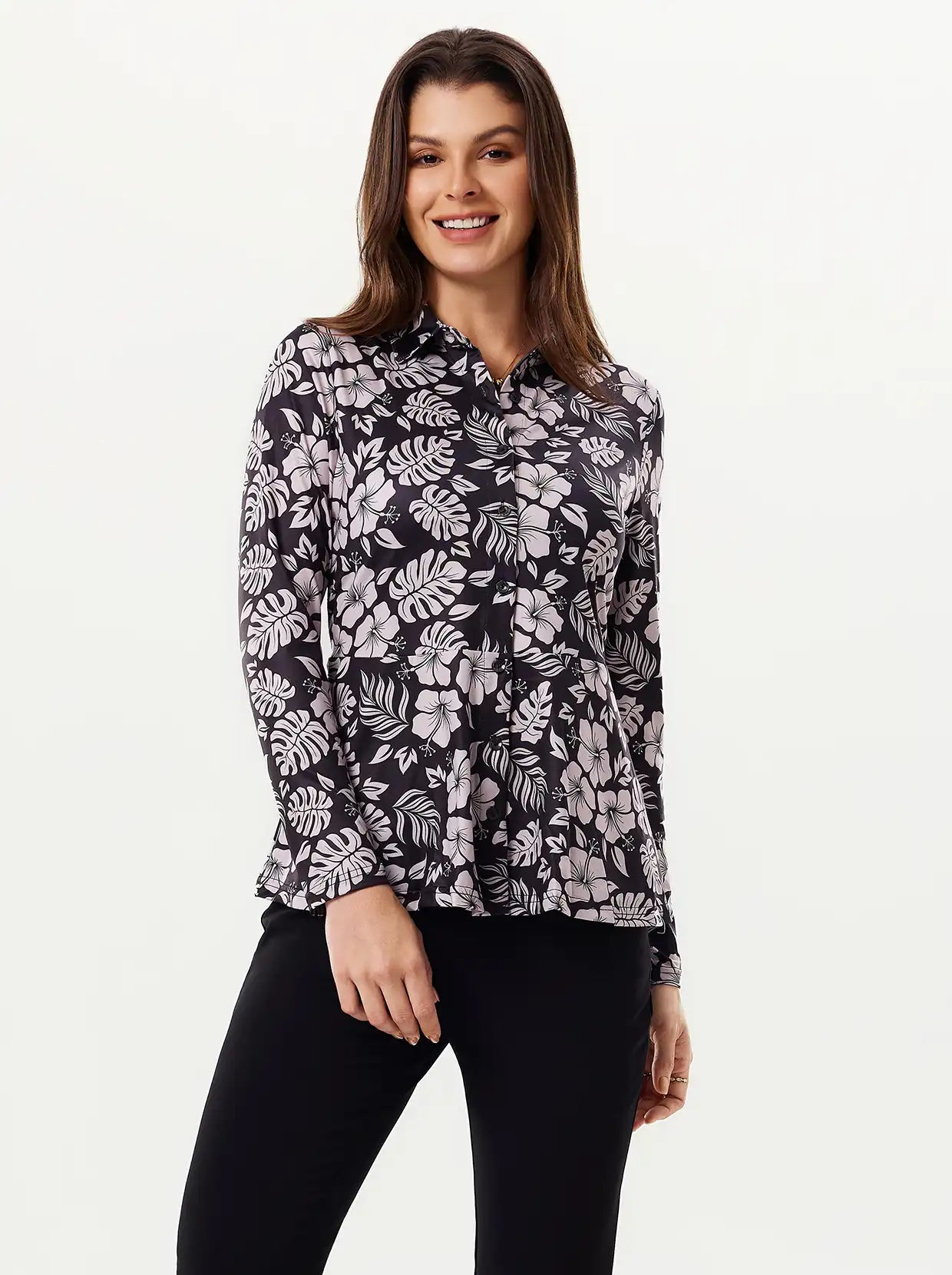 Black Floral Peplum Button-down Long-sleeve Polo Shirt