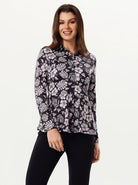 Black Floral Peplum Button-down Long-sleeve Polo Shirt