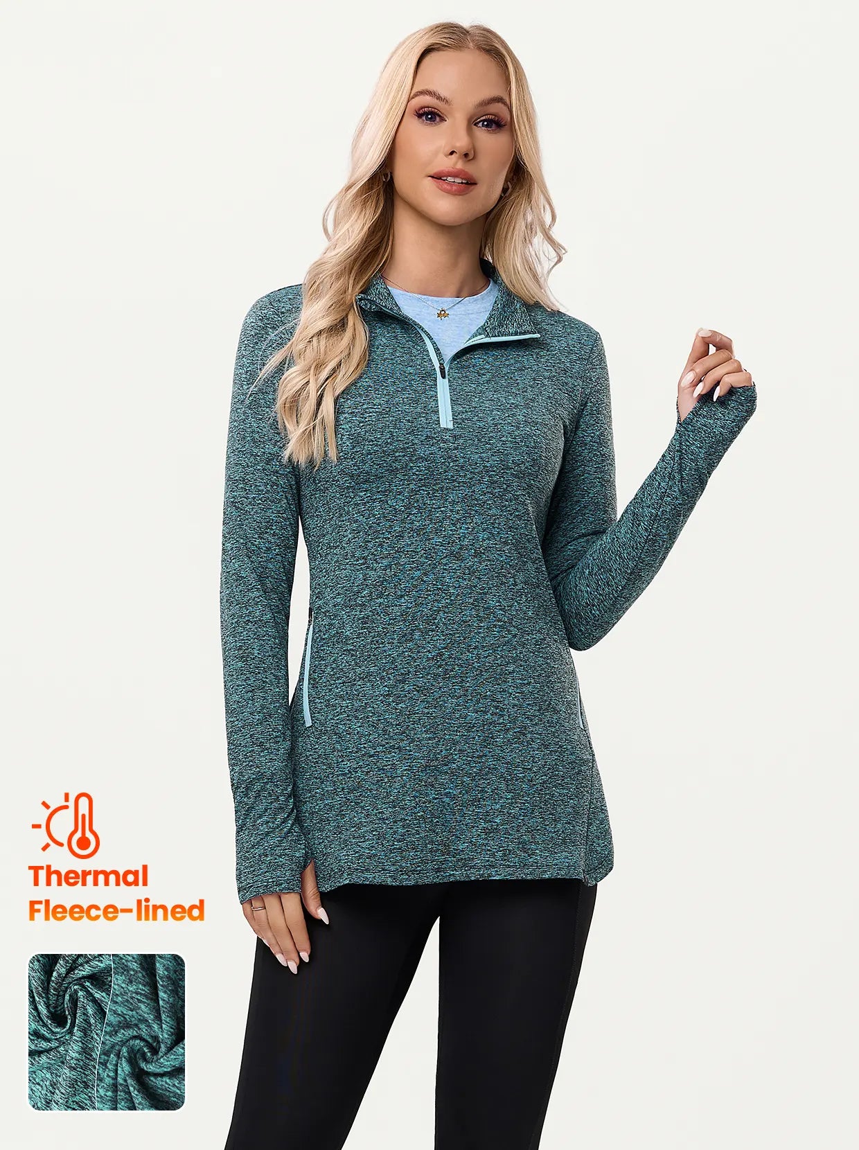 Quarter-zip Long-sleeve Thermal Tops with Curved Split Hem