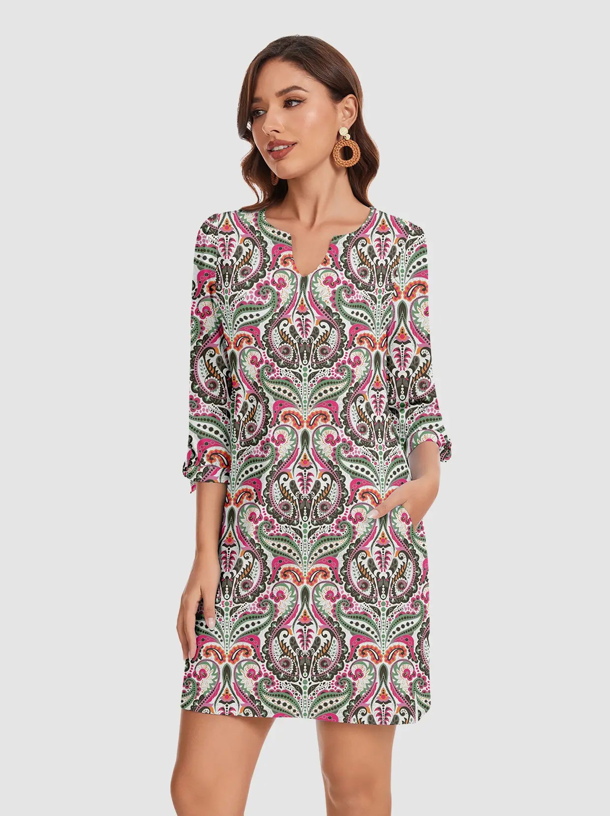 35" UPF50+ V-neck Tie-cuff 3/4 sleeve Active Dress with Pockets