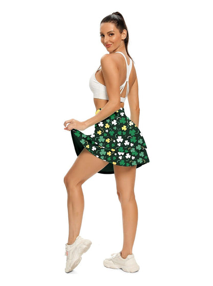 Ladies Women's Active Skort with Pocket-✨ Green Clover Double Layer Sports Skirt Golf Tennis Leisure Sports Bottoms